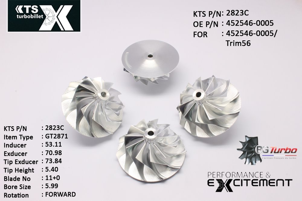 Turbo ROUE FORGÉE MFS PERFORMANCE - 11+0 PALES - INDUCER : 53,11 - EXDUCER : 70,98 - TYPE : GT2871ANGLE : 45° - ROTATION : Forward - SUPER BACK : 2,32 - BORE SIZE : 5,99
